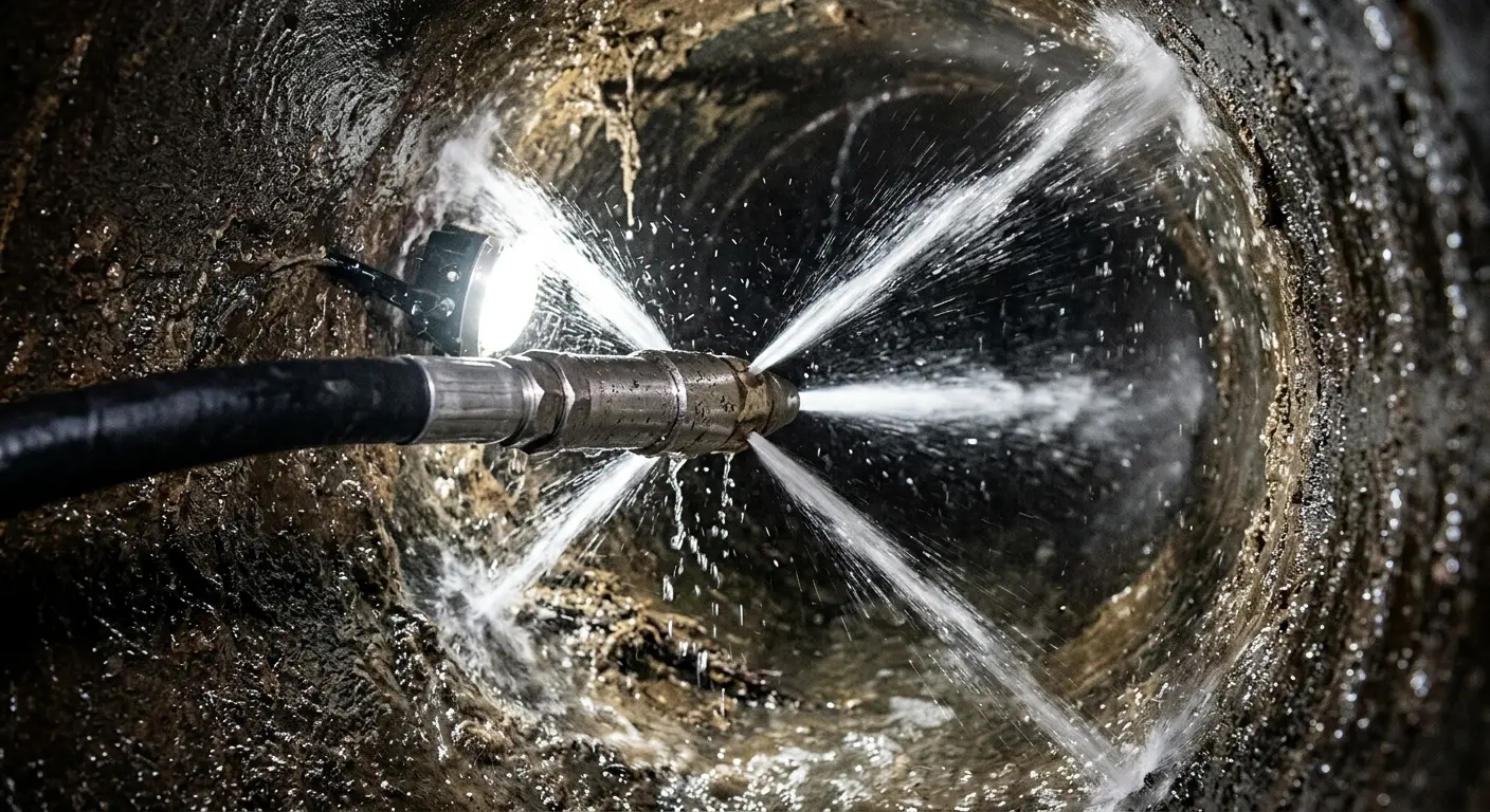 High-pressure hydro jetting nozzle cleaning sewer pipe for Emergency Drain Service in Exeter