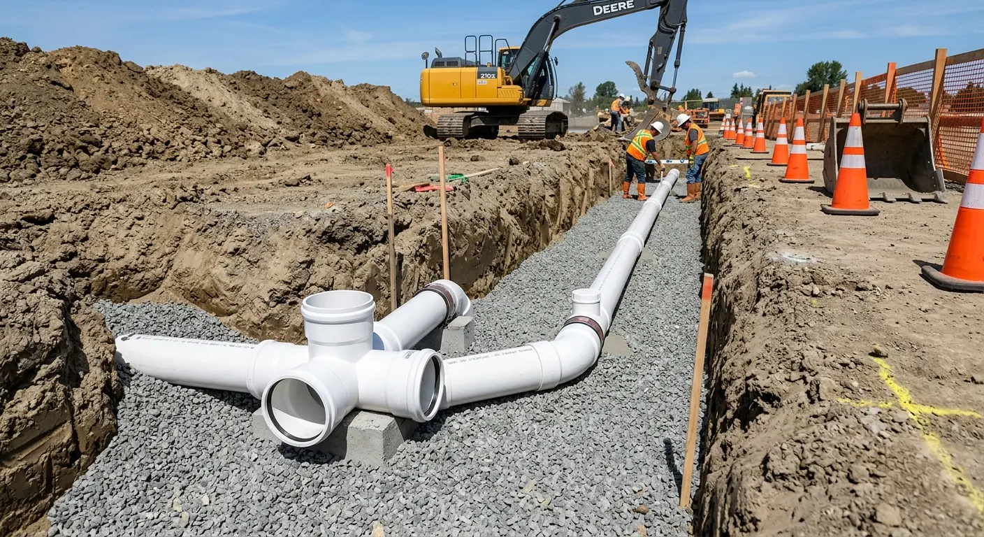 New PVC sewer pipe installation in open trench for Sewer Backup in Exeter