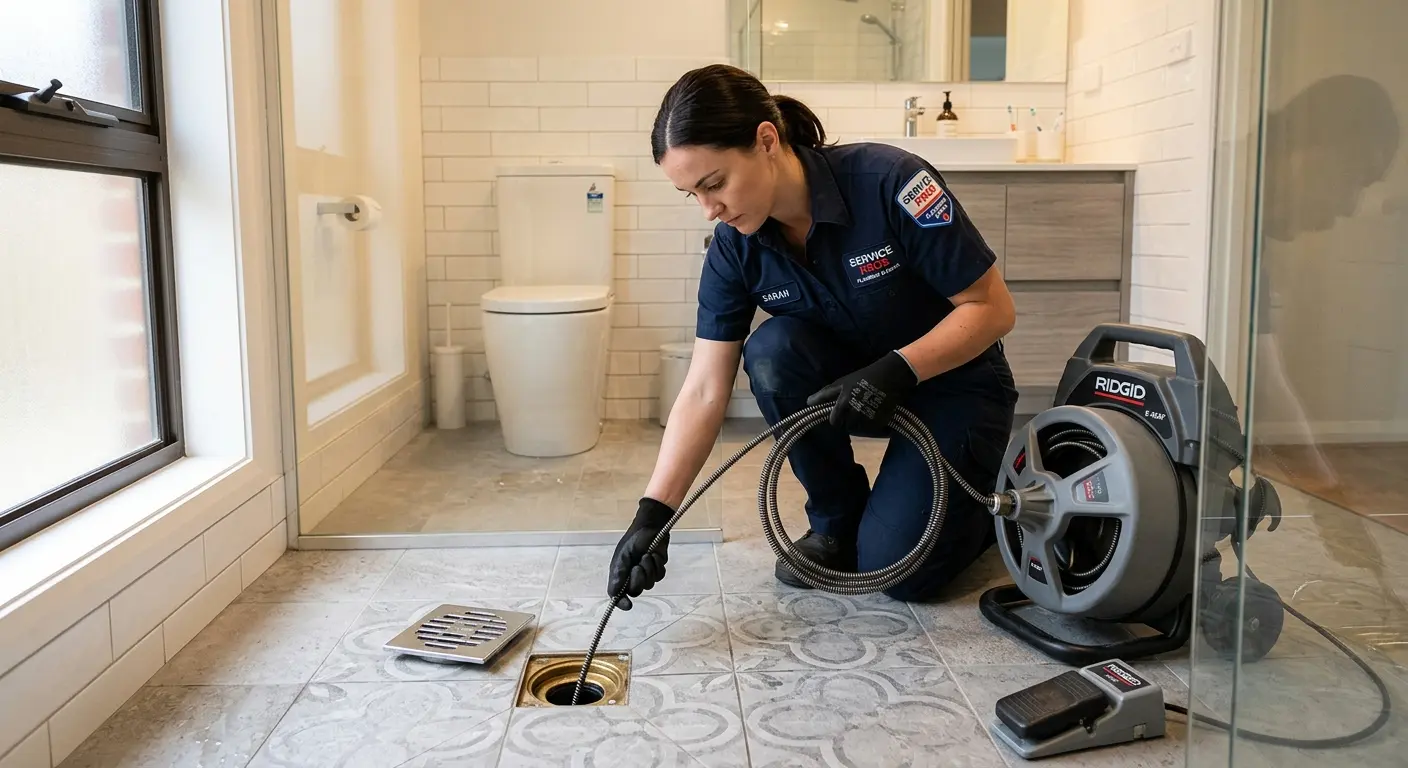 Technician clearing a bathroom floor drain for Drain Cleaning in Exeter